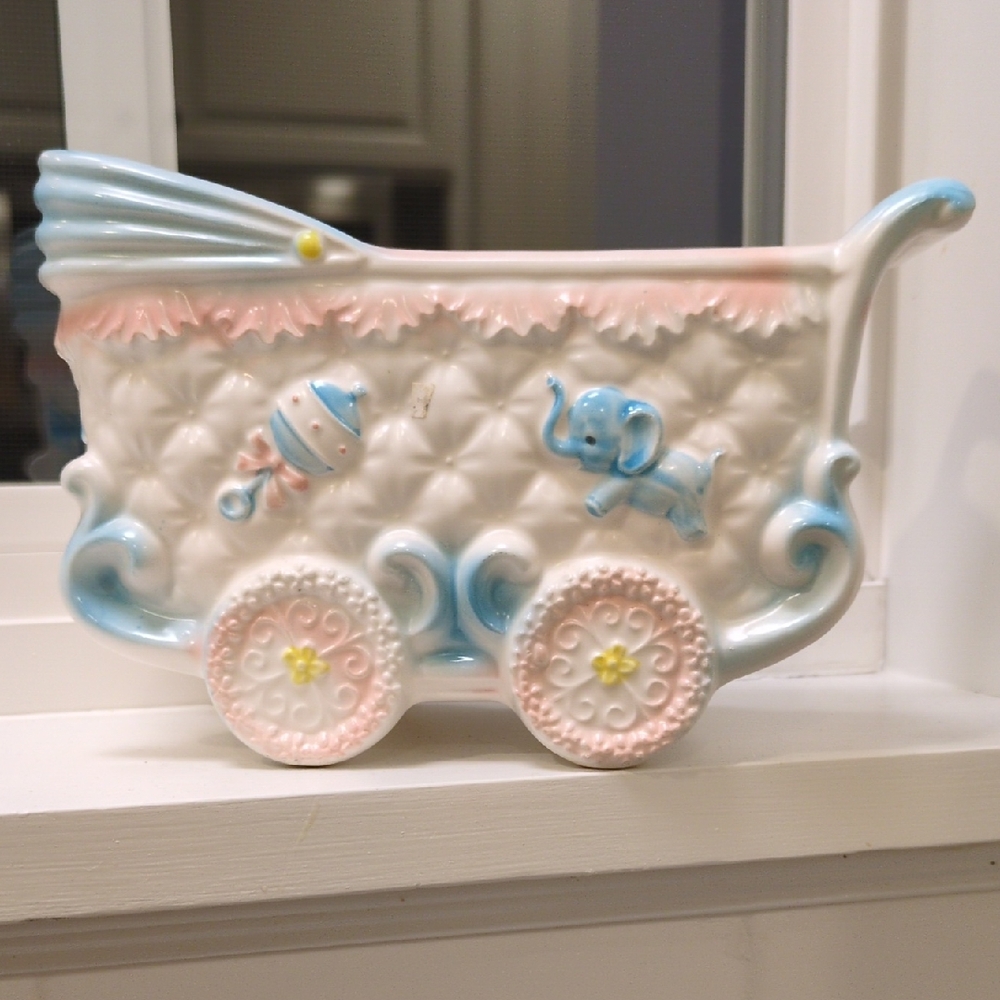 Napco Vintage Baby Carriage Ceramic Planter - Pink & Blue- In Ex. Cond